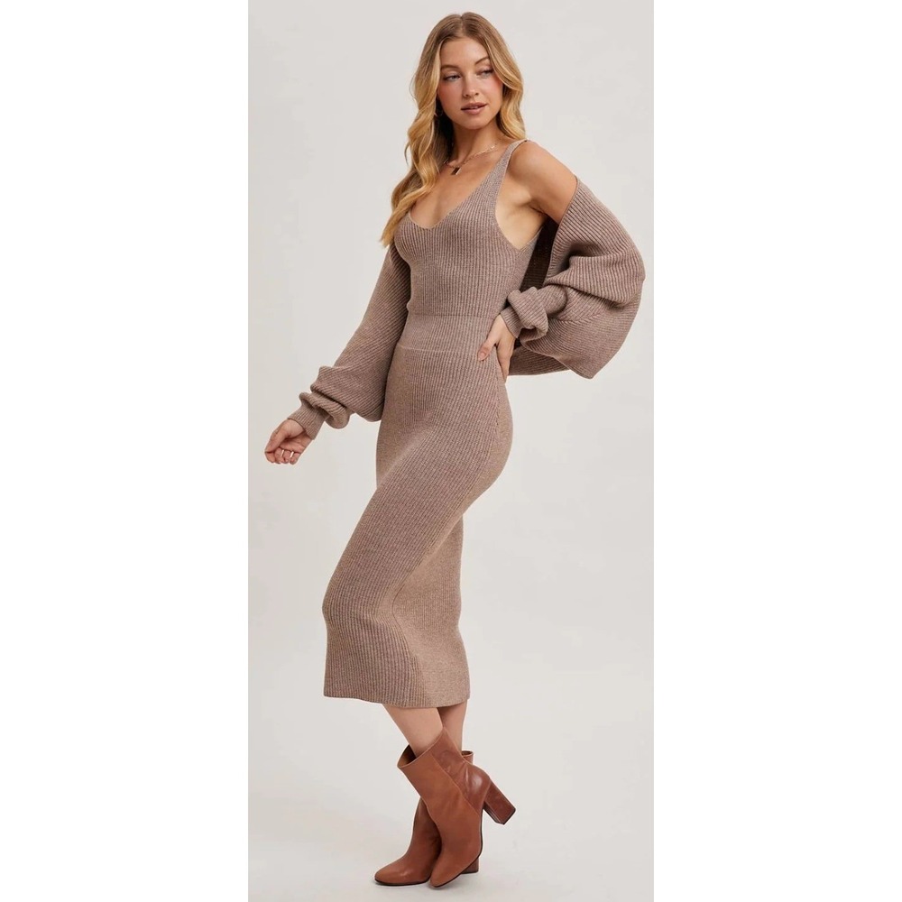 Bluivy‎ Latte Brown Ribbed Knit V-Neck Midi Dress NWT Medium 88788810